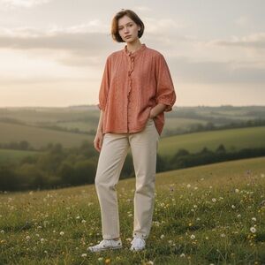 Natural life Coral Eyelet Ruffle Button-Up Blouse size L